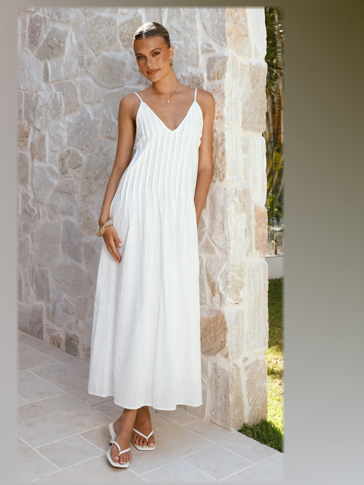 White midi formal dress, alternate full-length view showing the overall shape