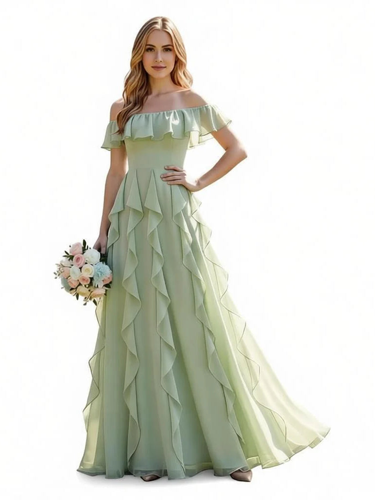 Draped ruffled off-shoulder chiffon maxi A-line dress in dusty sage green