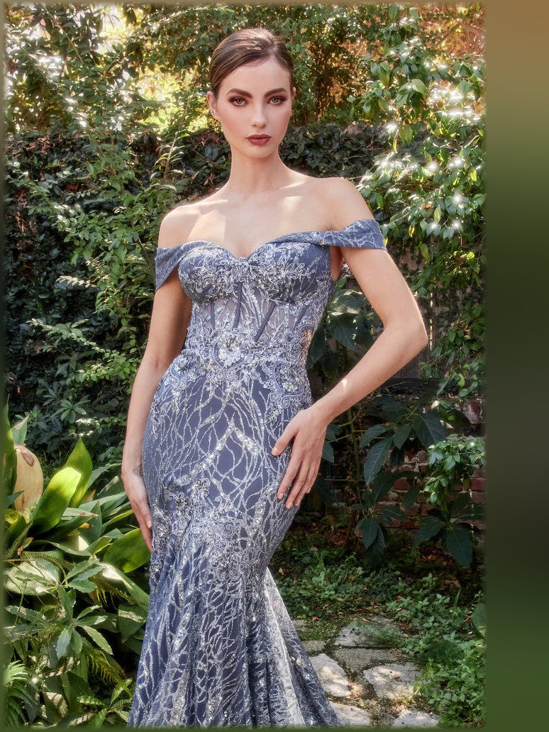 Off-shoulder corset mermaid formal dress in slate blue, floor-length with fitted corset top