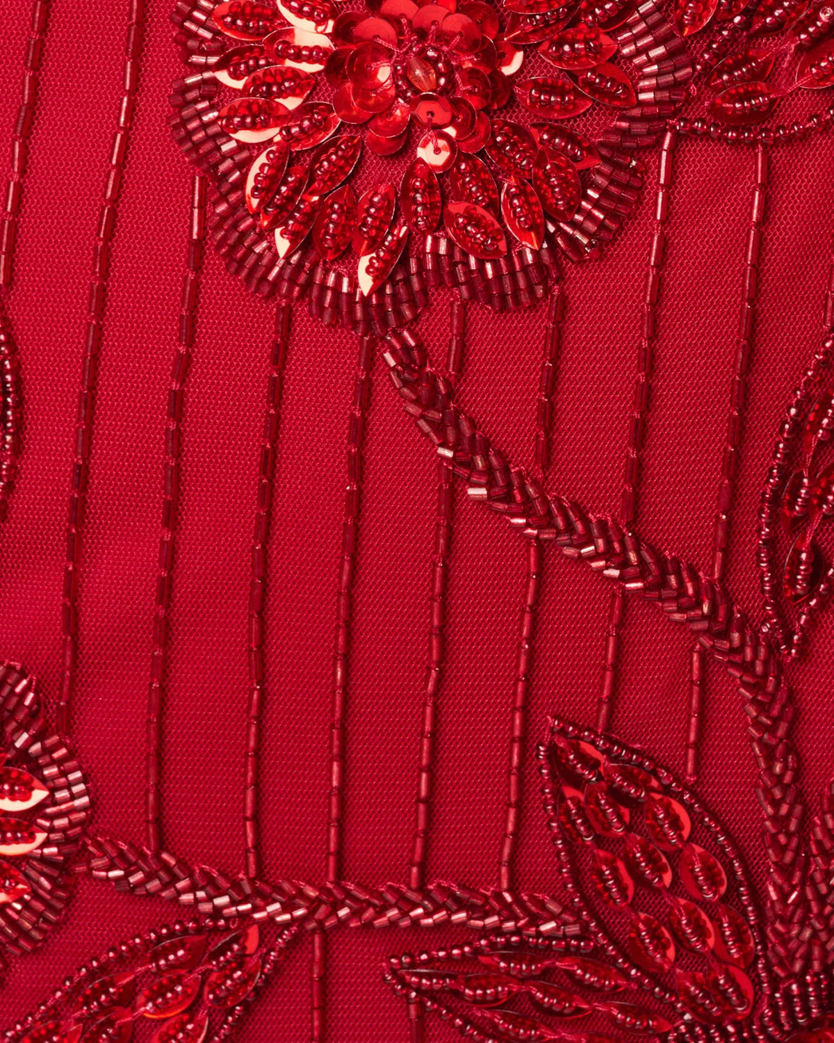 Cranberry red beaded sequin embroidery with textured vertical striped design detail
