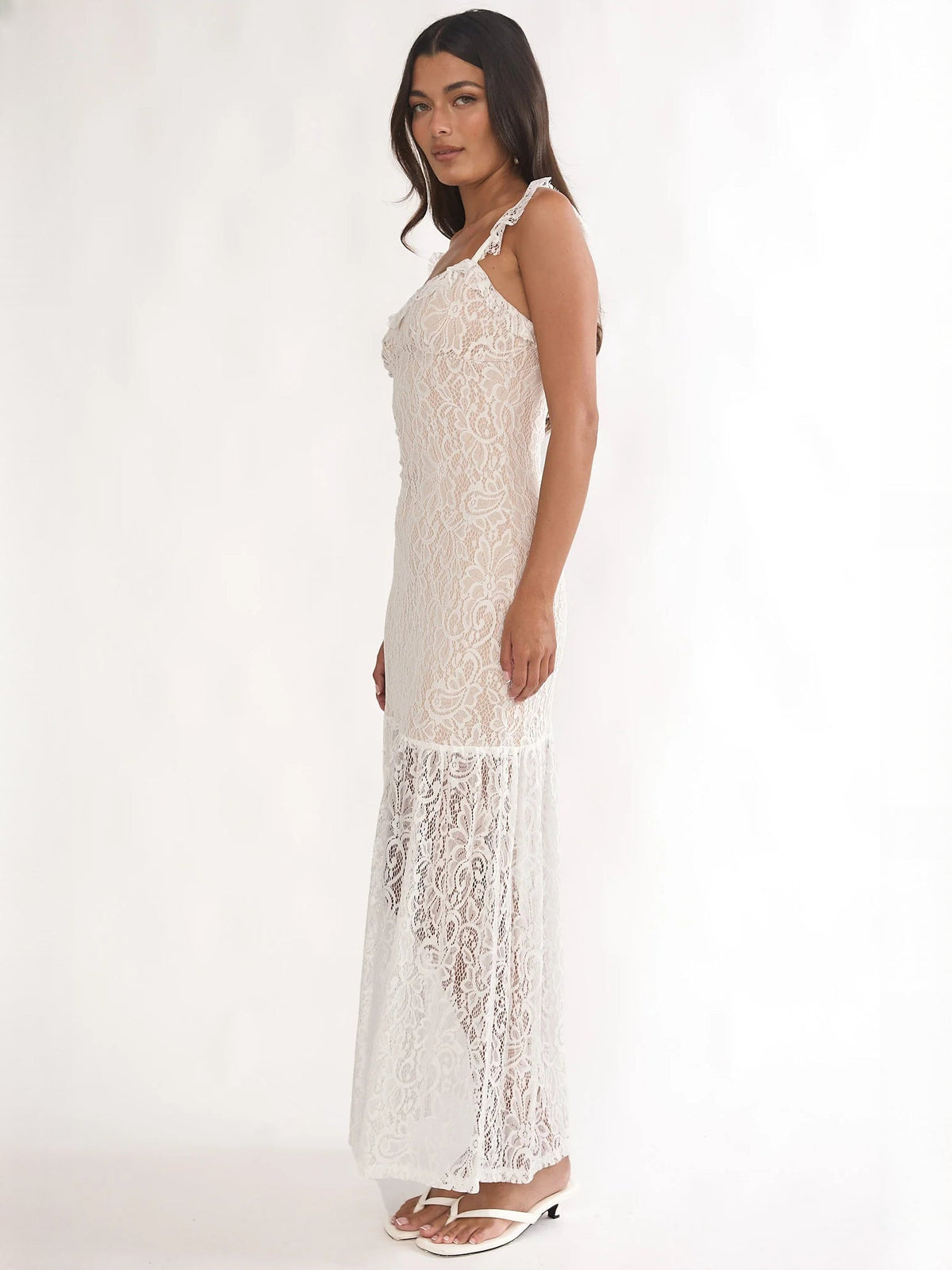 White sheath maxi formal dress with square neckline, alternate full-length view showing the hem
