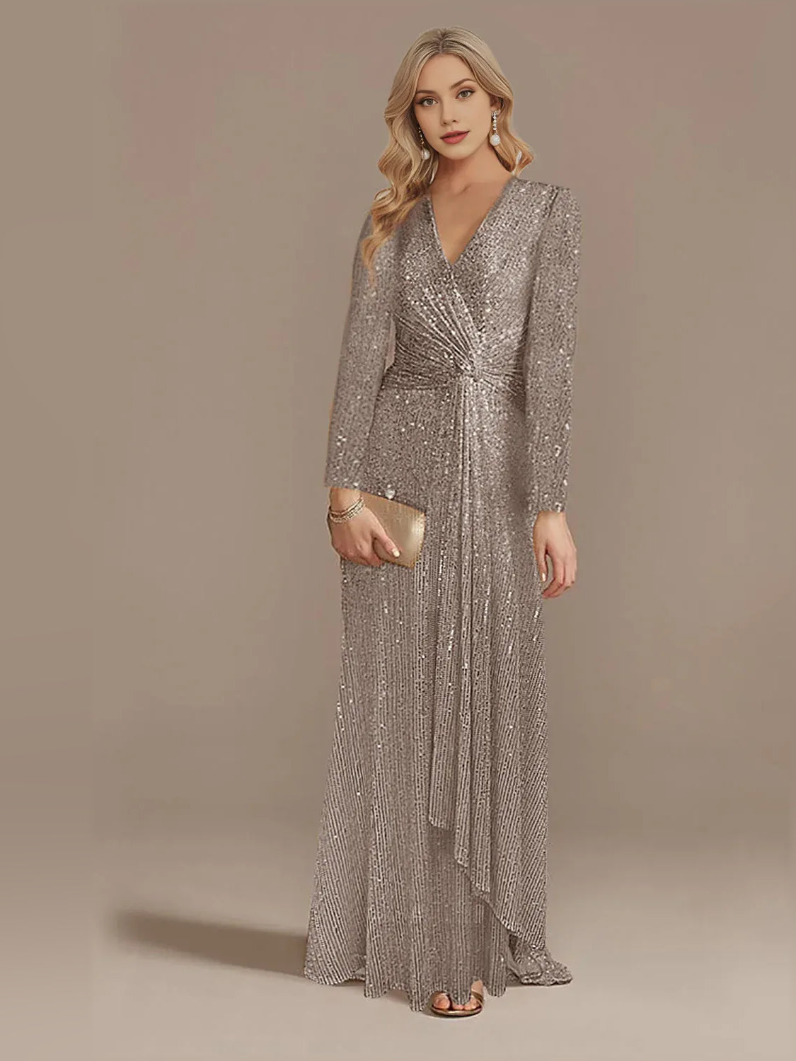 Silver V-neck long-sleeve formal dress with ruching detail and floor-length sequin shine