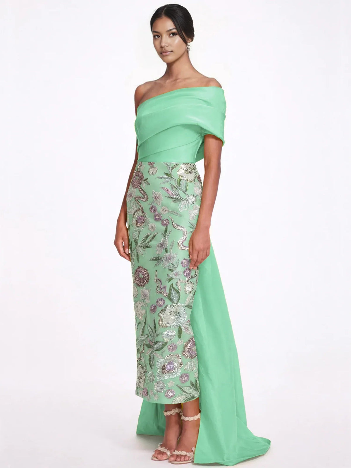 Sage green one-shoulder floor-length formal dress with floral lace-like panel