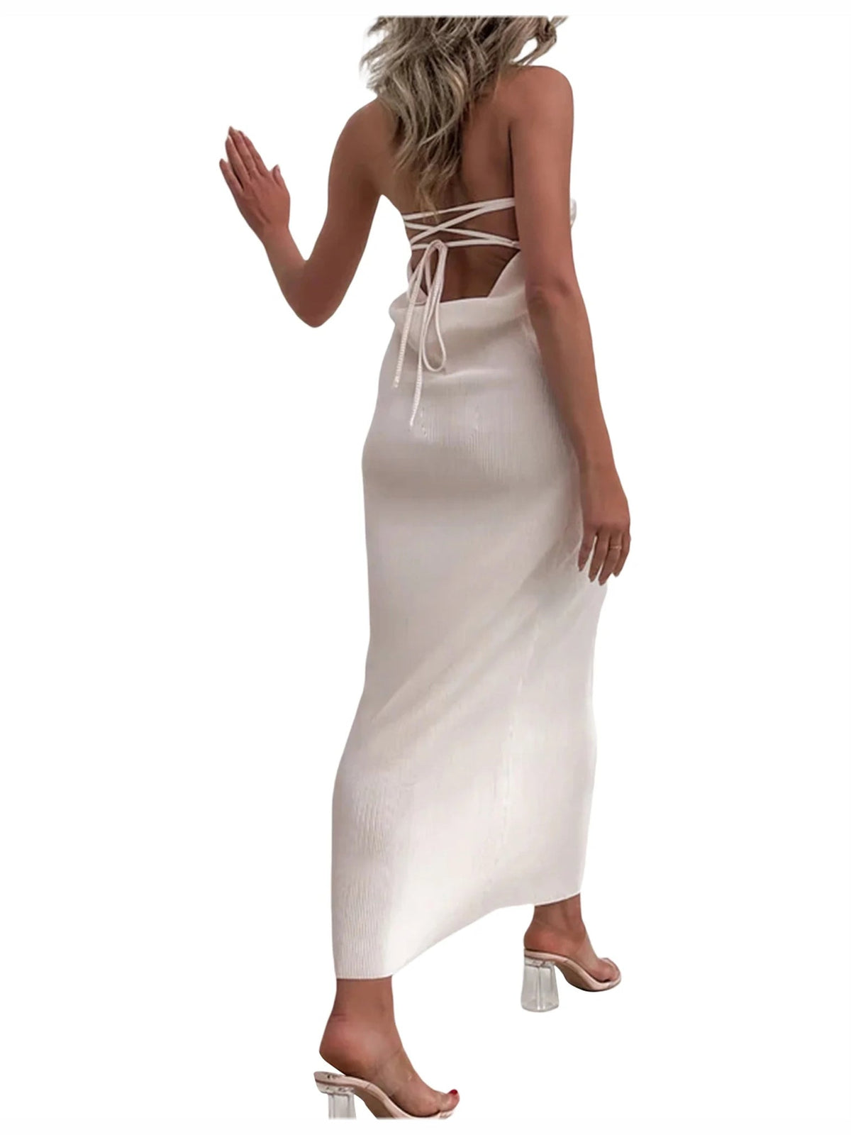 Black sheath maxi formal dress with strapless neckline, alternate full-length view showing the hem