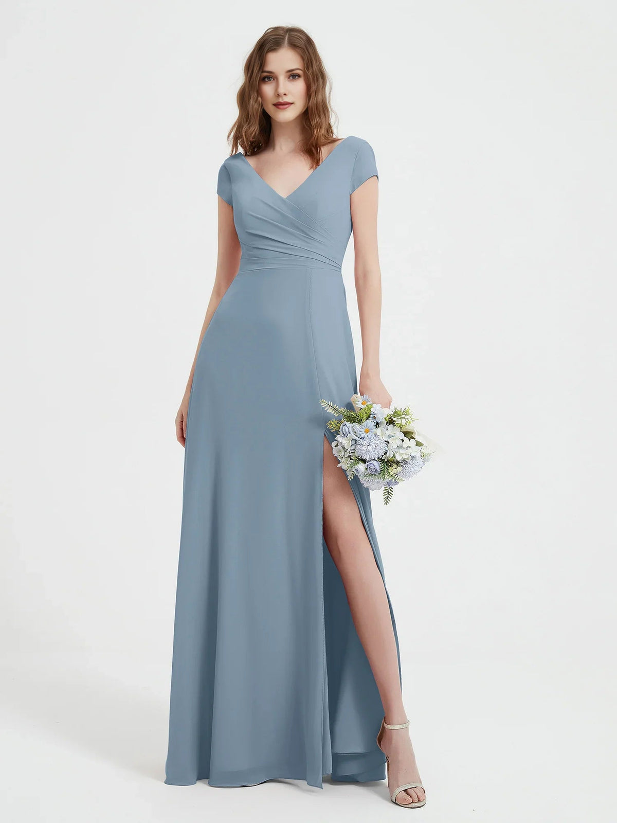 Light blue ruched V-neck A-line maxi dress with cap sleeves and side slit