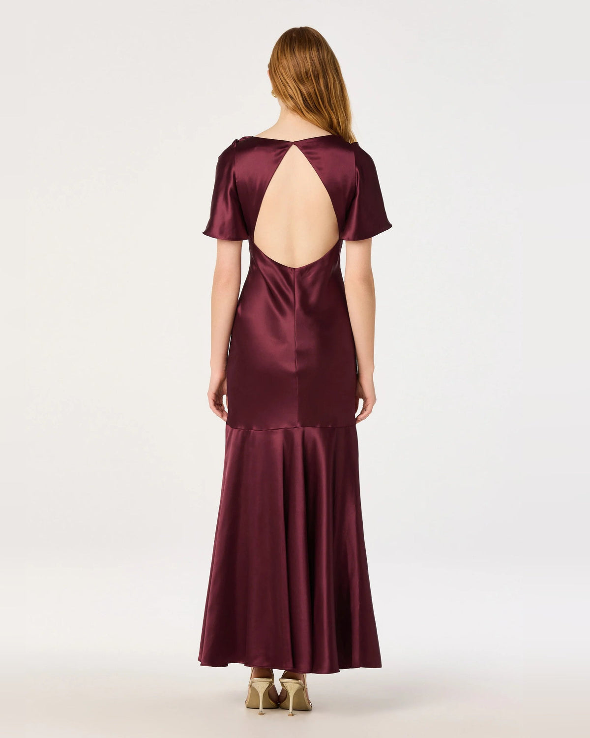 Wine satin A-line maxi dress, backless triangular cutout, short sleeves, V-neck front