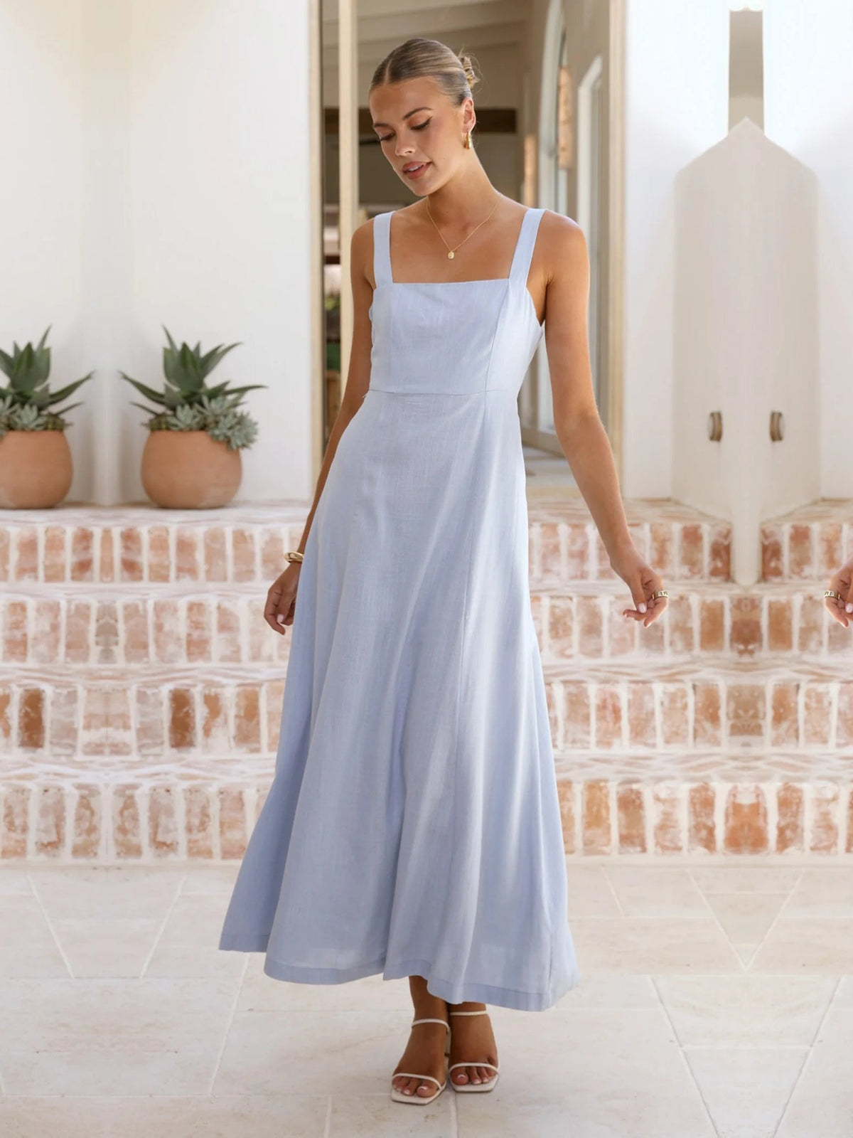 Blue a-line maxi formal dress with square neckline, alternate view showing the hem