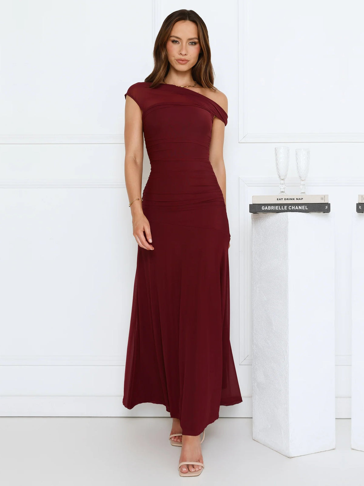 Wine sheath maxi formal dress with off-the-shoulder neckline, alternate view showing the hem