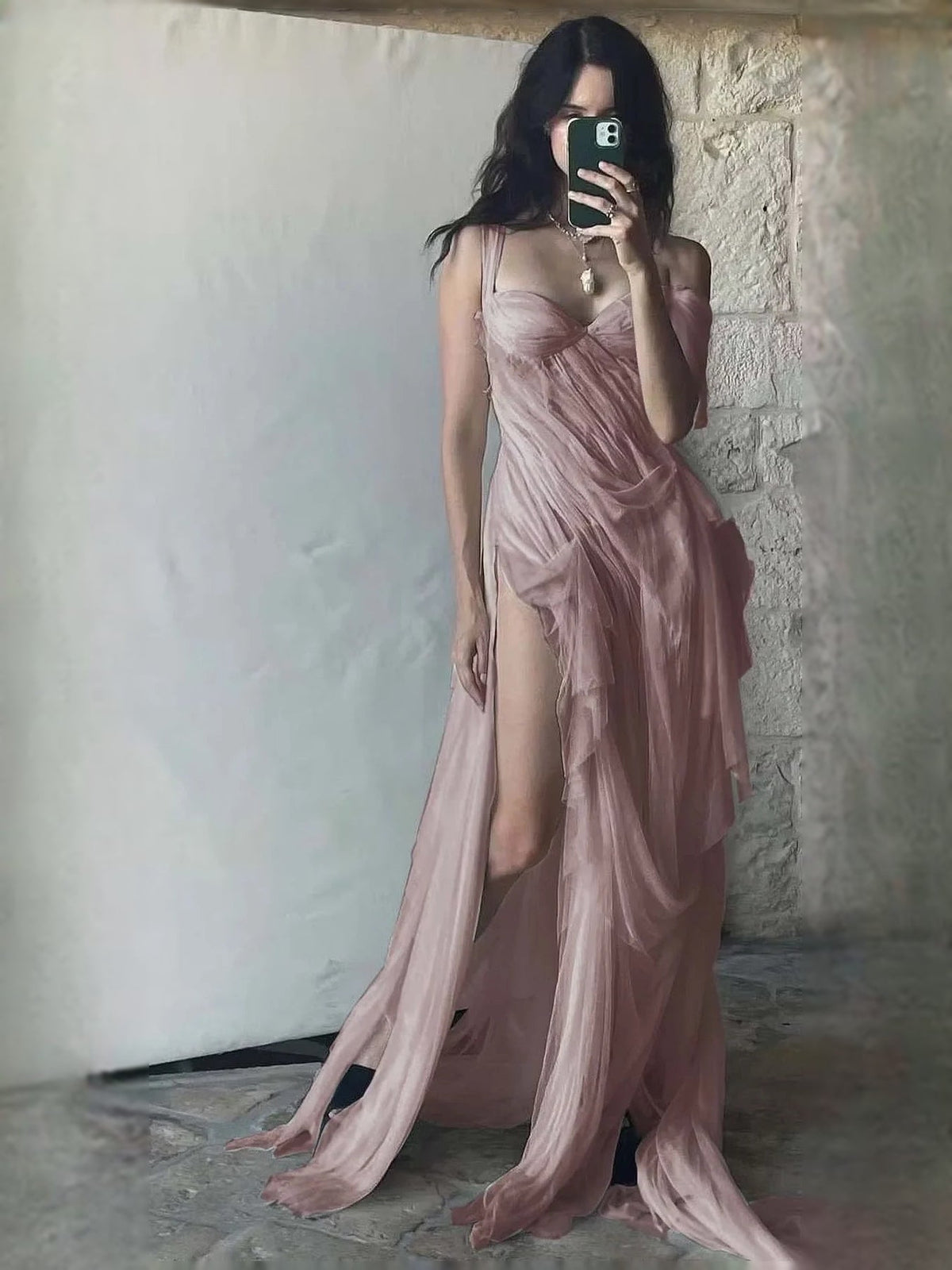 Dusty rose sweetheart prom maxi dress with draped layers and thigh slit