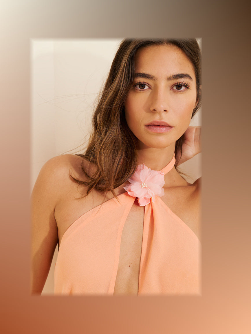 Peach maxi formal dress, alternate full-length view showing the overall shape