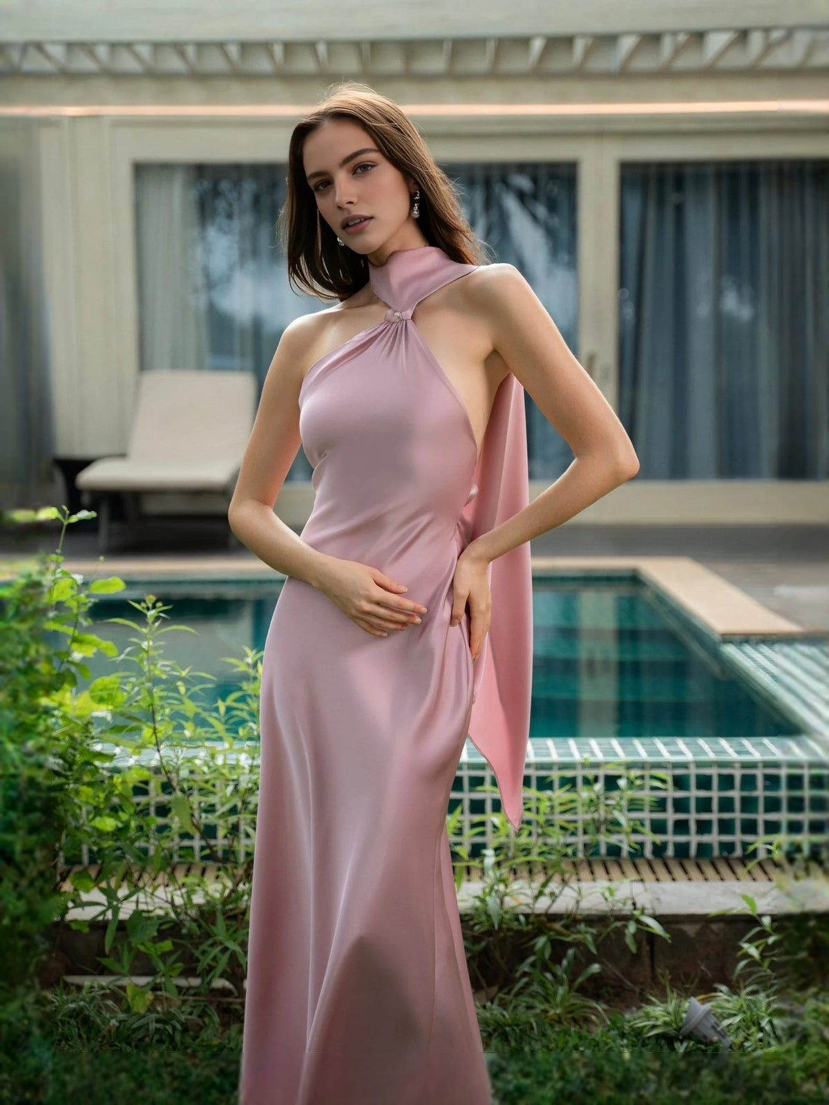 Blush pink draped halter satin mermaid maxi prom dress, front view