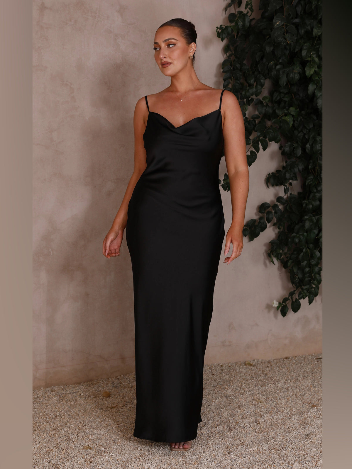 Black maxi formal dress, alternate full-length view showing the overall shape