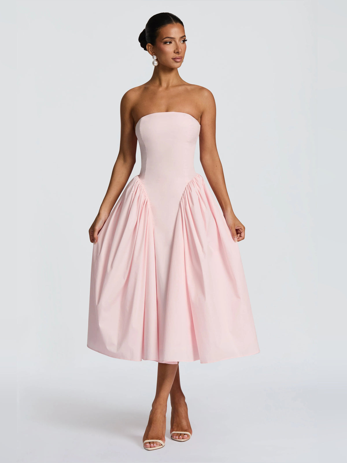 Blush strapless midi formal dress with pleated skirt and gathered waist