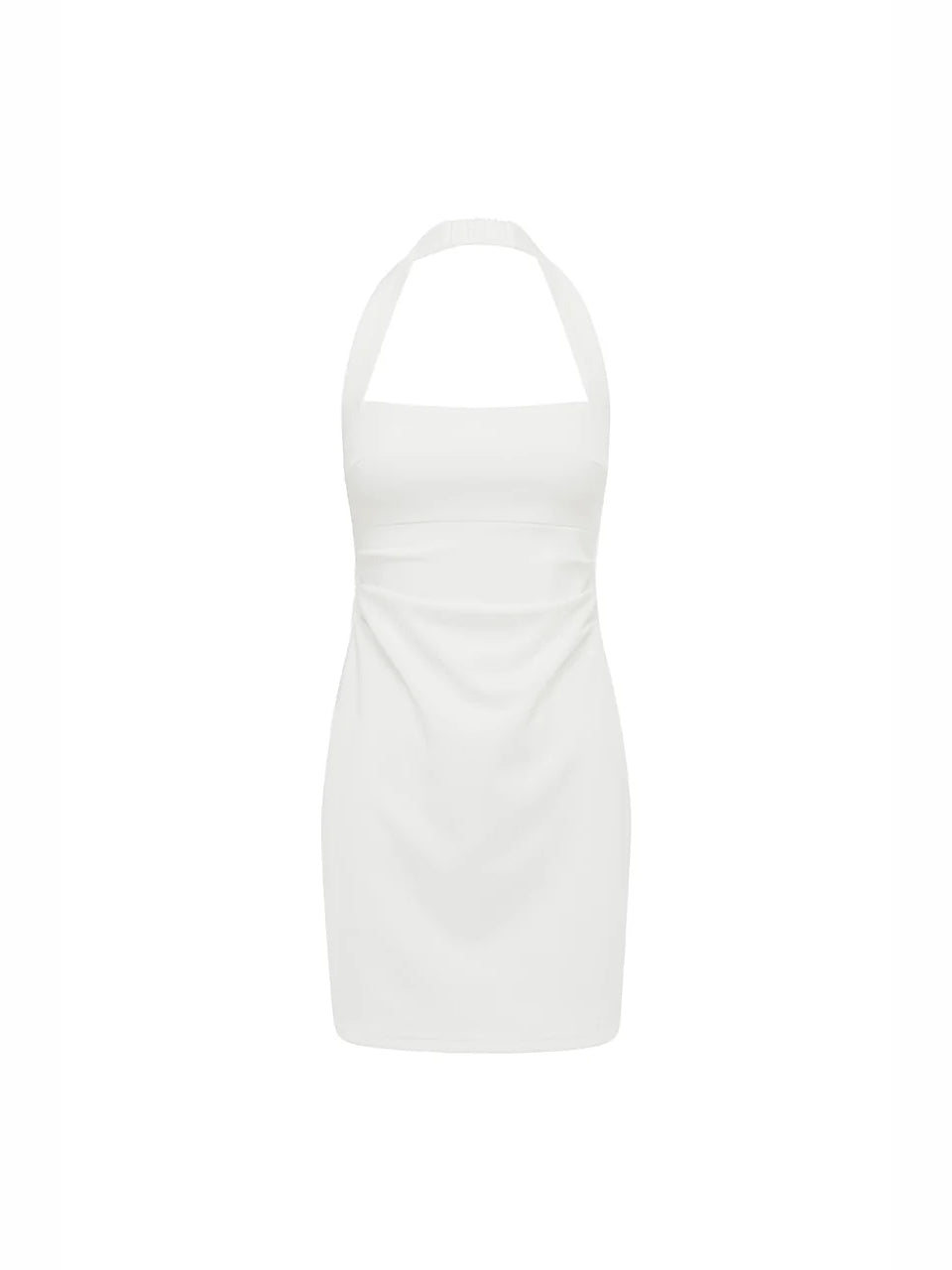 White halter neck mini dress, sleeveless halter silhouette, studio cutout.