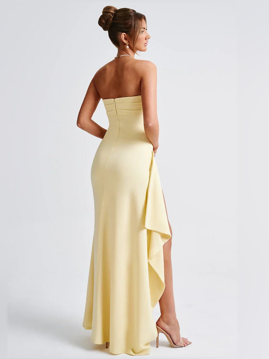 Lemon one-shoulder ruffle slit floor-length formal dress, open back view