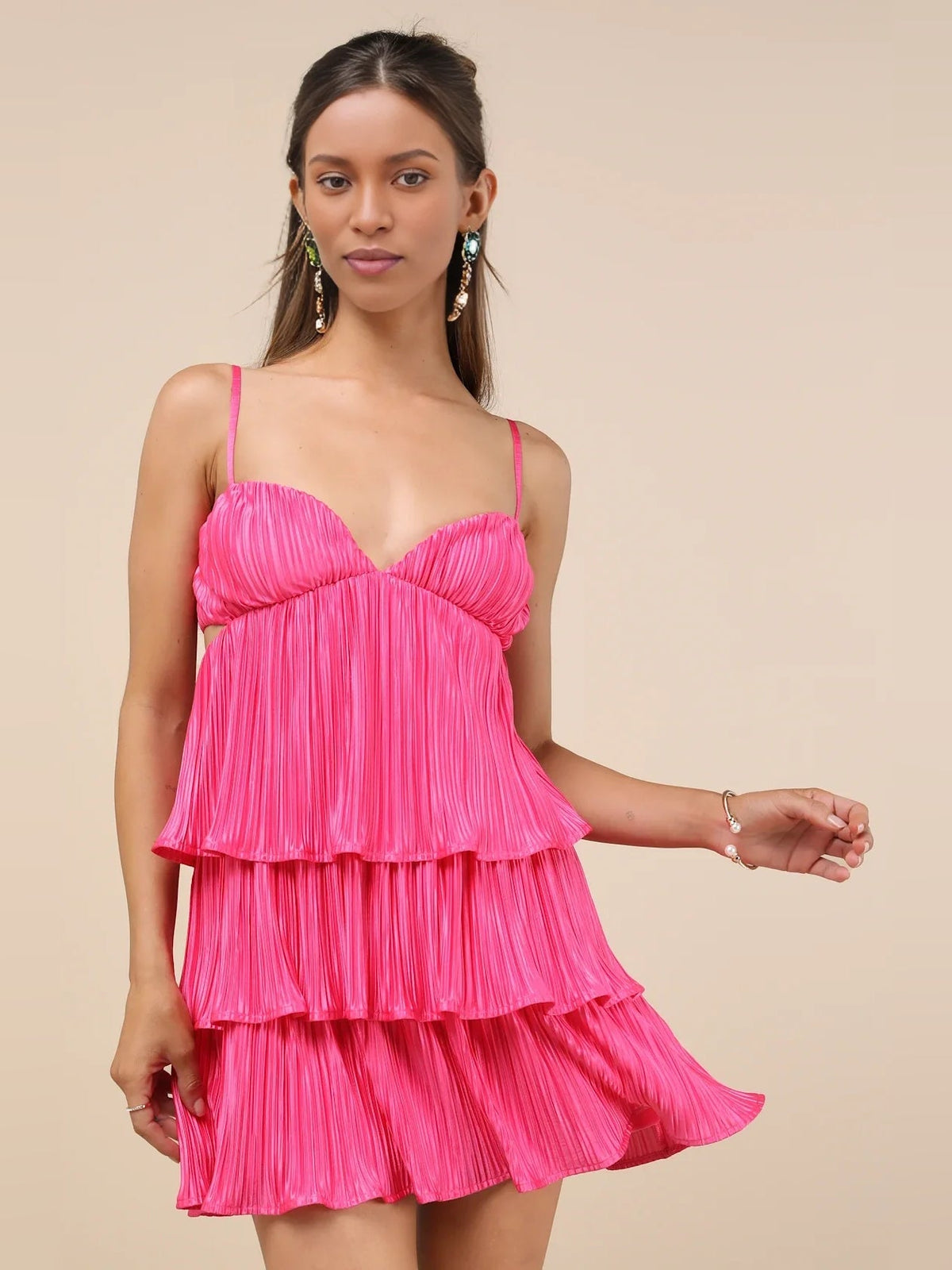 Pink satin mini dress with sweetheart bodice and tiered ruffle skirt
