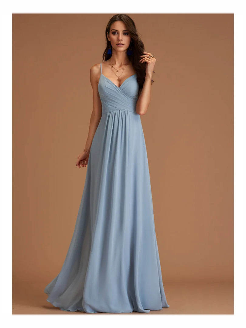 Dusty blue V-neck A-line maxi chiffon dress, thin straps and pleated skirt