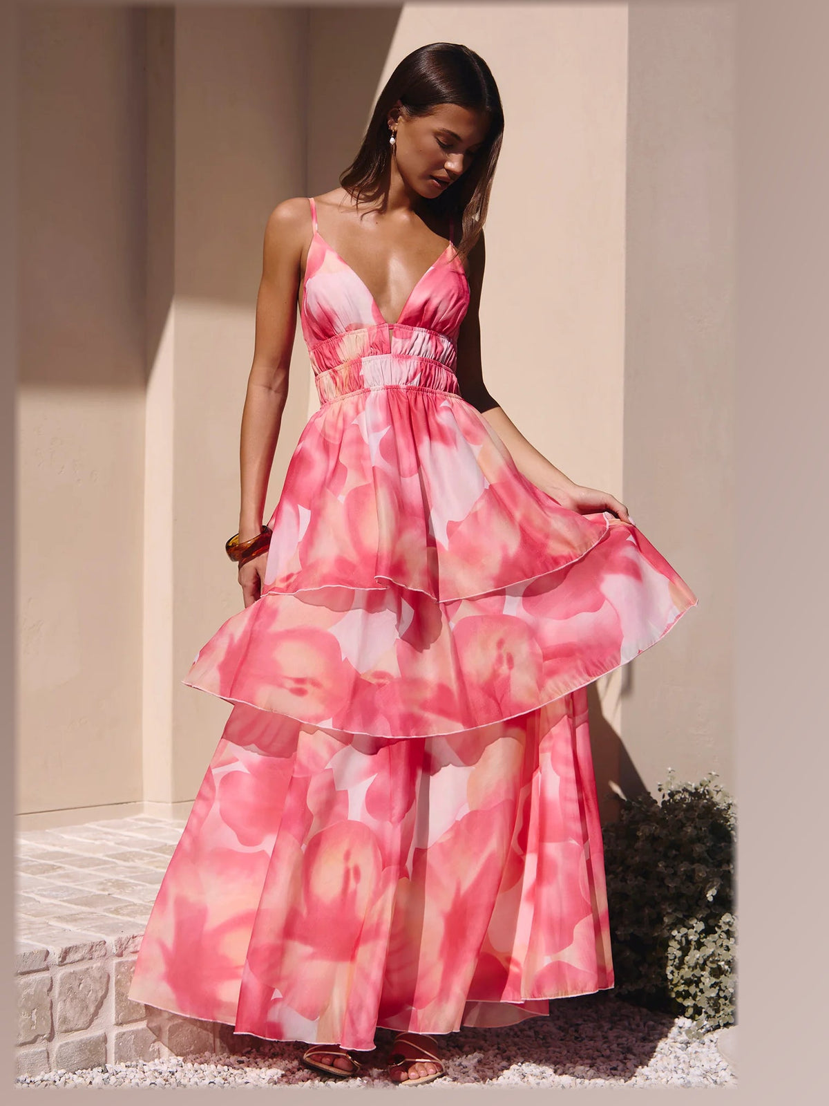Pink Floral Print maxi formal dress, alternate full-length view showing the overall shape