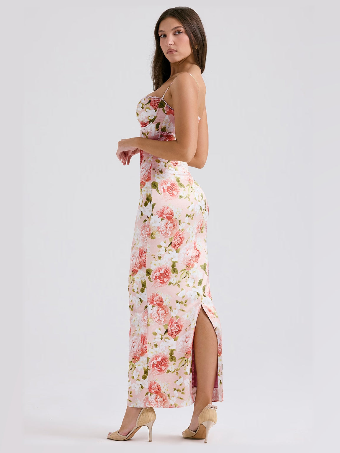 Ivory Pink Floral Print maxi formal dress, alternate full-length view showing the overall shape