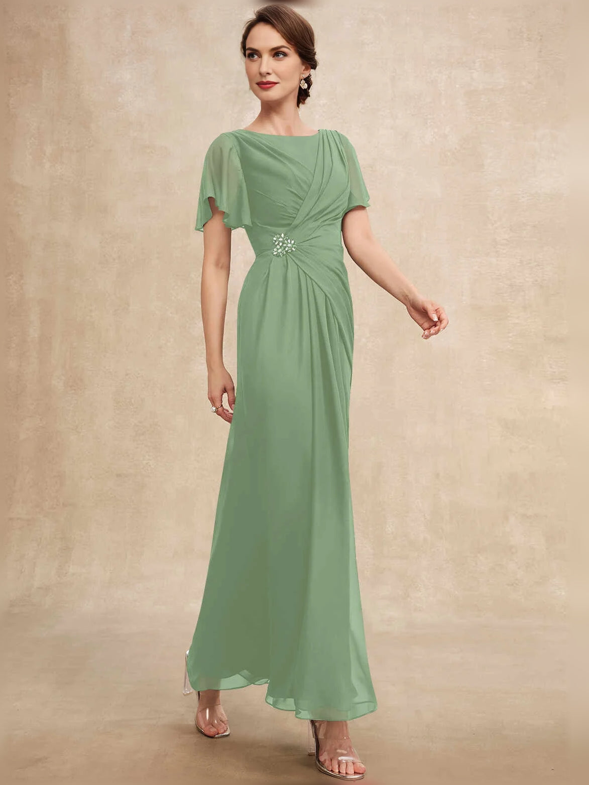 Dusty sage chiffon A-line maxi dress with bateau neckline, ruched drape waist and flutter sleeves