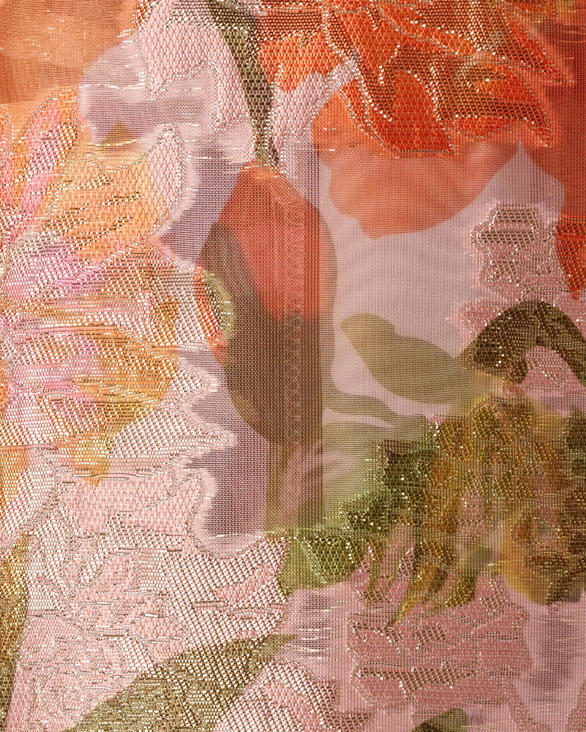 Multicolor floral fabric texture with sheer mesh overlay and metallic sheen
