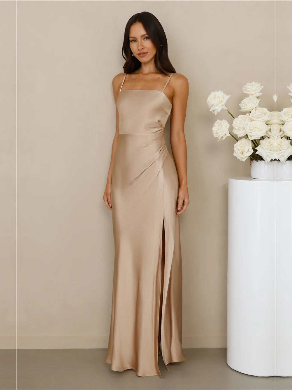 Champagne sheath maxi formal dress with skirt slit, alternate view showing the hem
