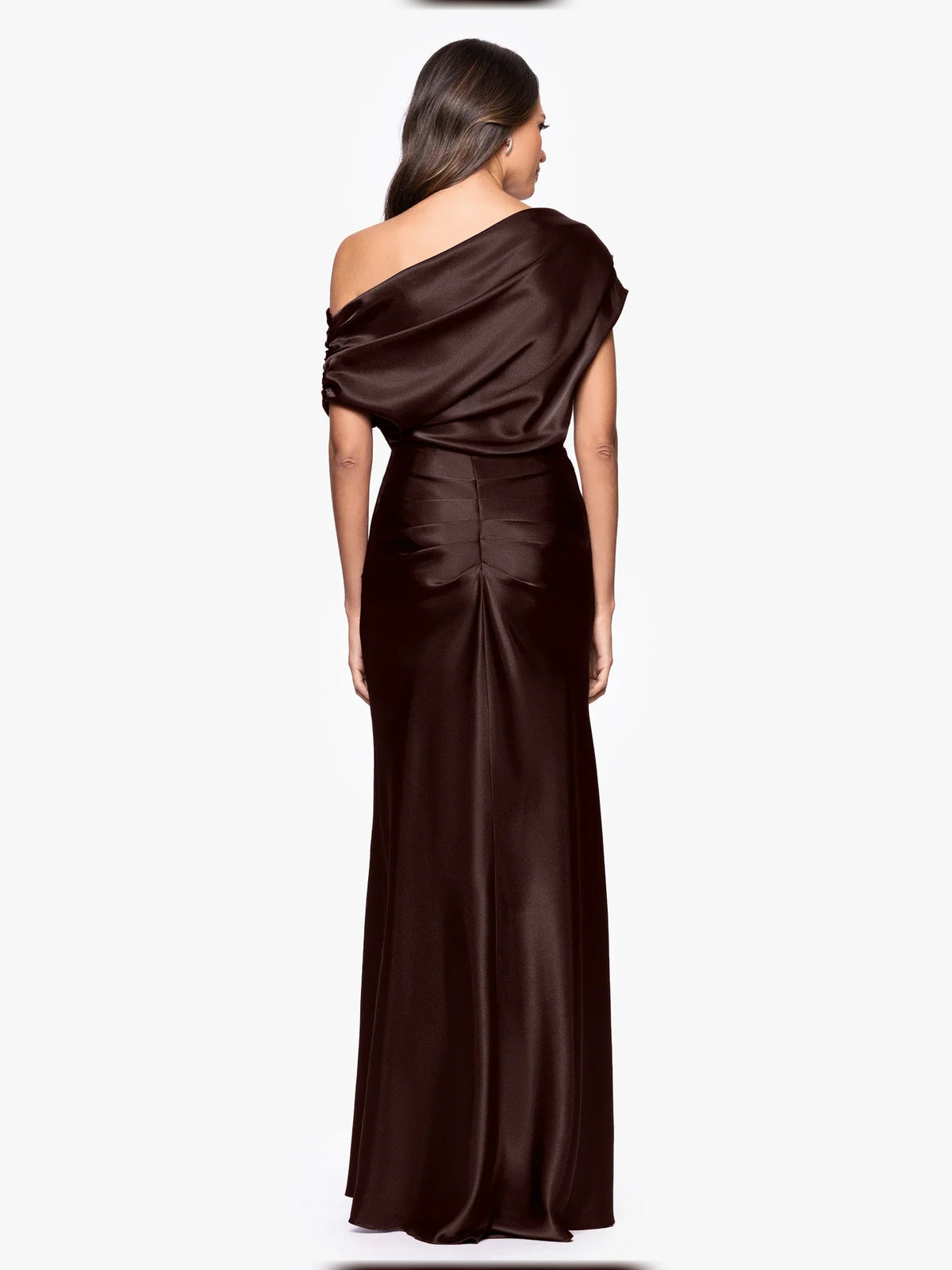 Dark brown satin one-shoulder draped mermaid floor-length dress, back view