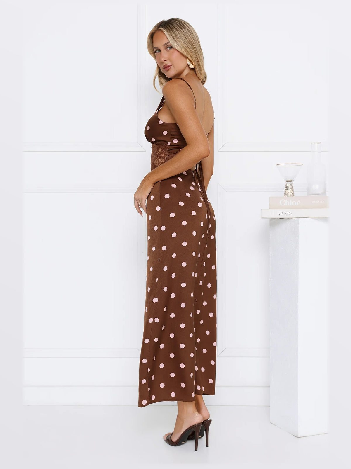Brown maxi formal dress, alternate full-length view showing the overall shape