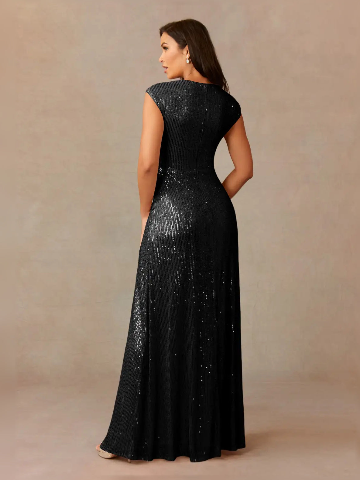 Black sleeveless sequin formal dress with V-neck, floor-length back view