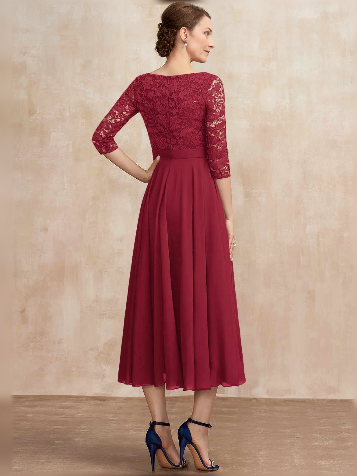 Deep red sequined lace midi A-line dress with bateau neck and pleated chiffon skirt (back)