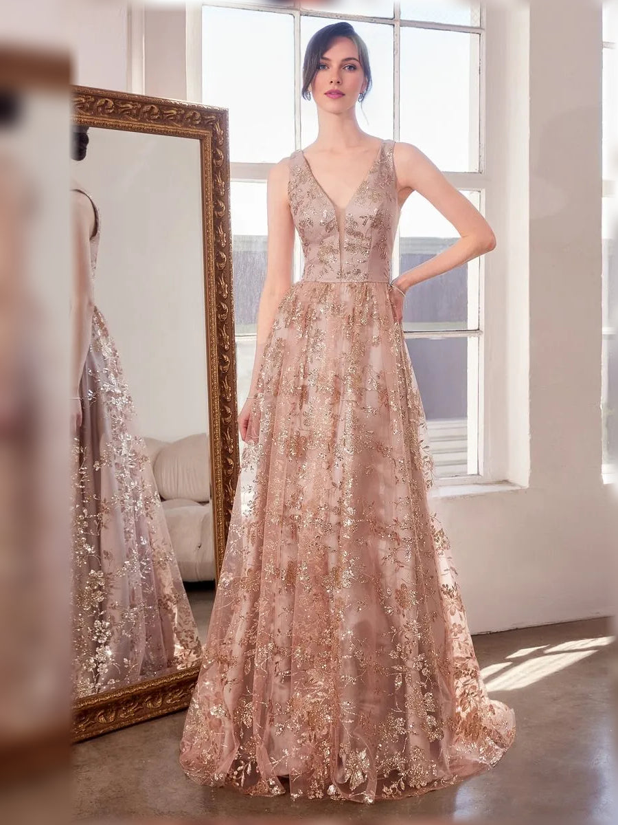 Floral V-neck A-line formal dress in champagne with sleeveless bodice and lace-like pattern