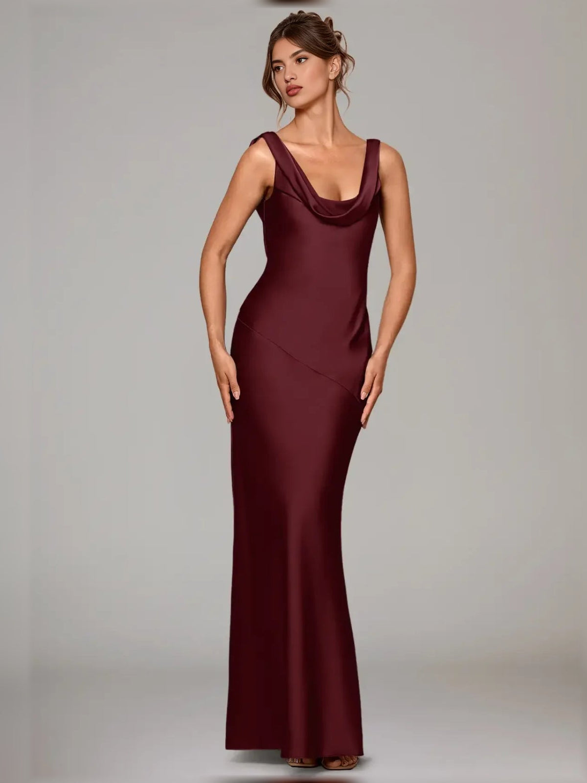 Cabernet satin cowl-neck floor-length bridesmaid dress with spaghetti straps