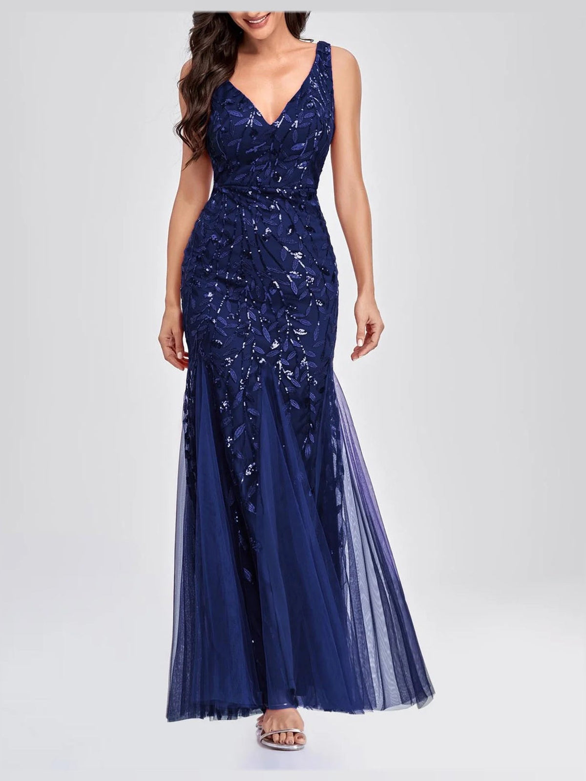 Navy Blue mermaid maxi formal dress with sequins, alternate full-length view showing the hem