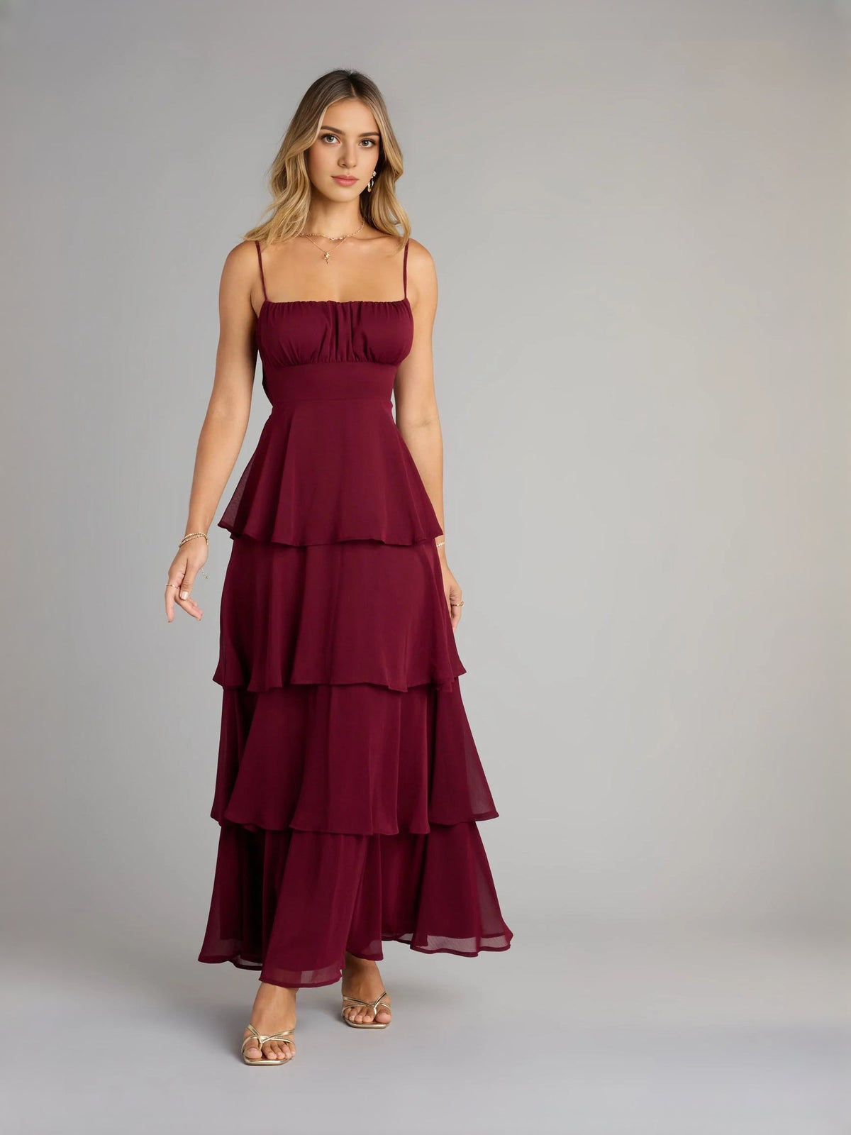 Wine chiffon tiered ruffle prom dress with square neck and A-line silhouette