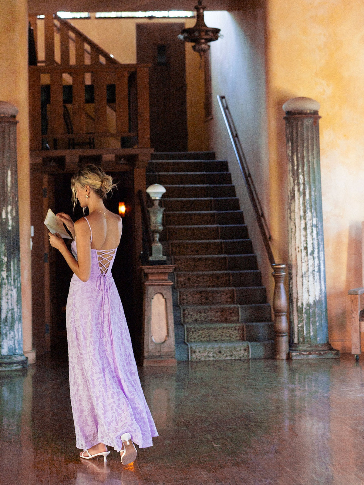 Lavender bridesmaid dress with maxi formal style