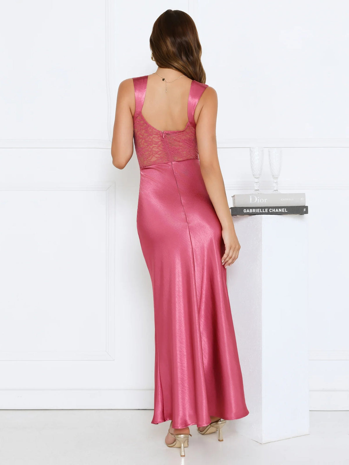 Rose sheath maxi formal dress with cowl neckline, alternate view showing the hem