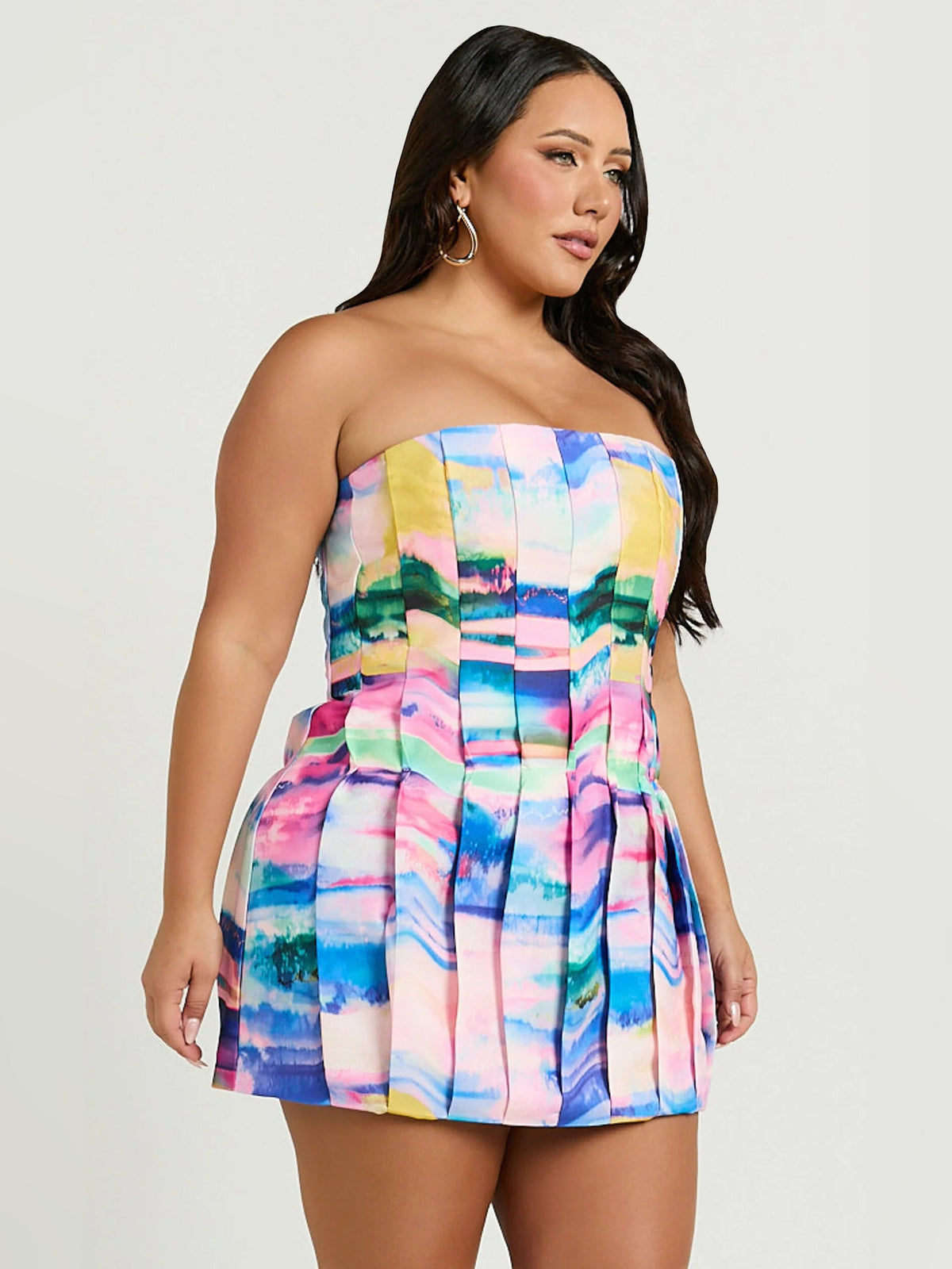 Corset-style strapless mini dress with colorful watercolor print, off-shoulder neckline