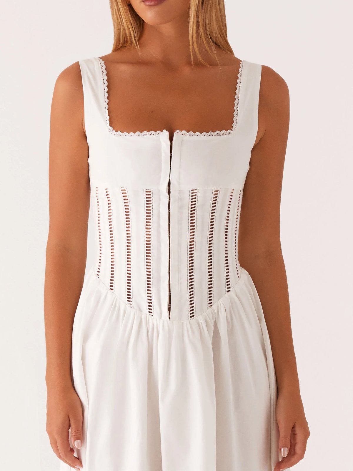 White corset-style midi dress bodice, lace-trim edges and vertical embroidered panels