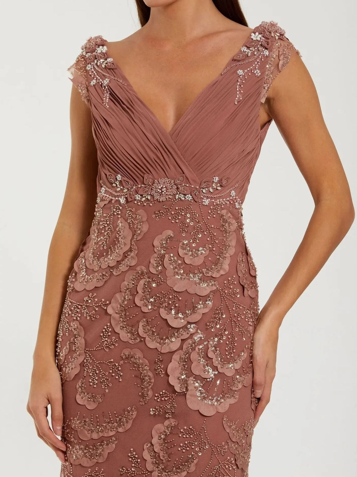 Coral sleeveless V-neck bodice with draped waist and ornate beaded floral lace