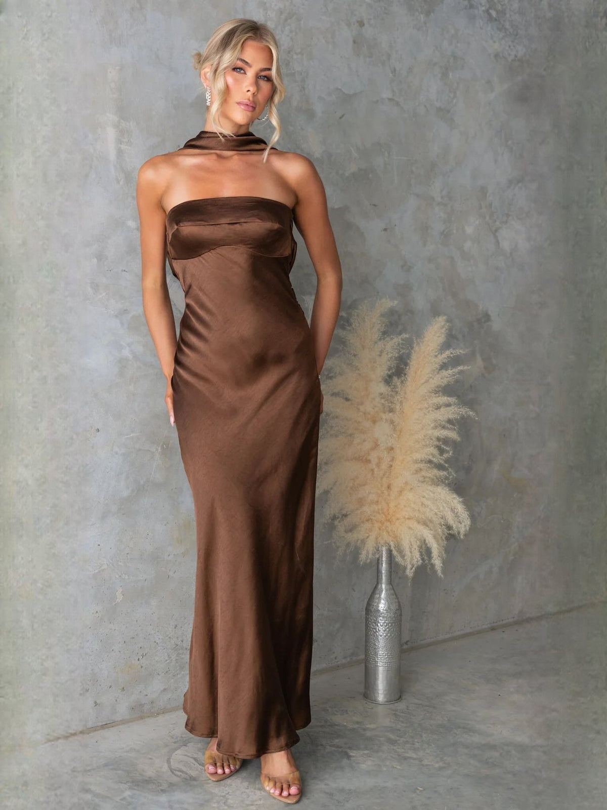 Brown strapless satin maxi formal dress with smooth fitted bust and long skirt