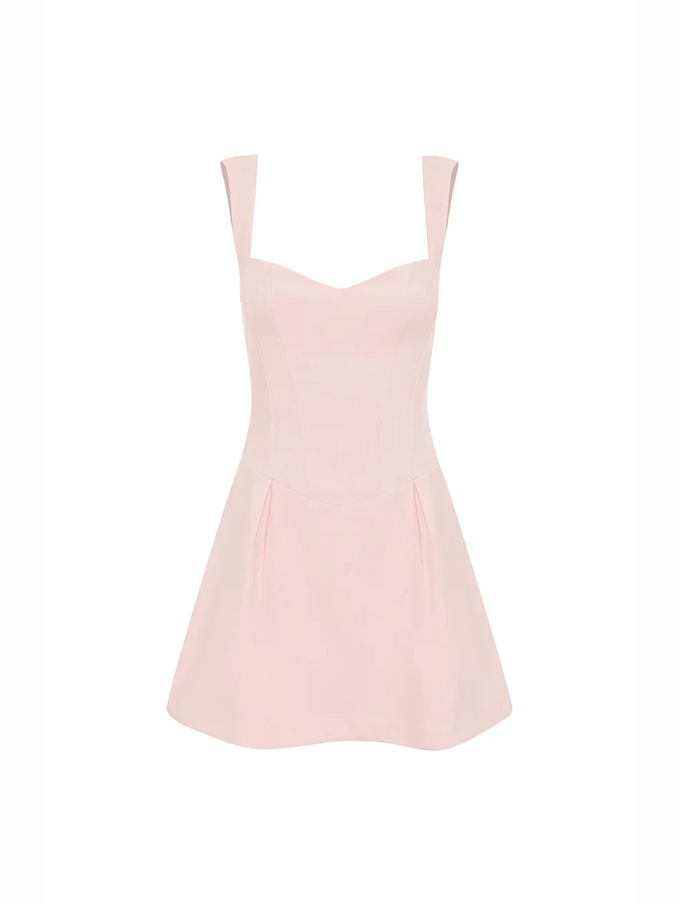 Pink sweetheart A-line mini dress, sleeveless with wide straps and pleated skirt
