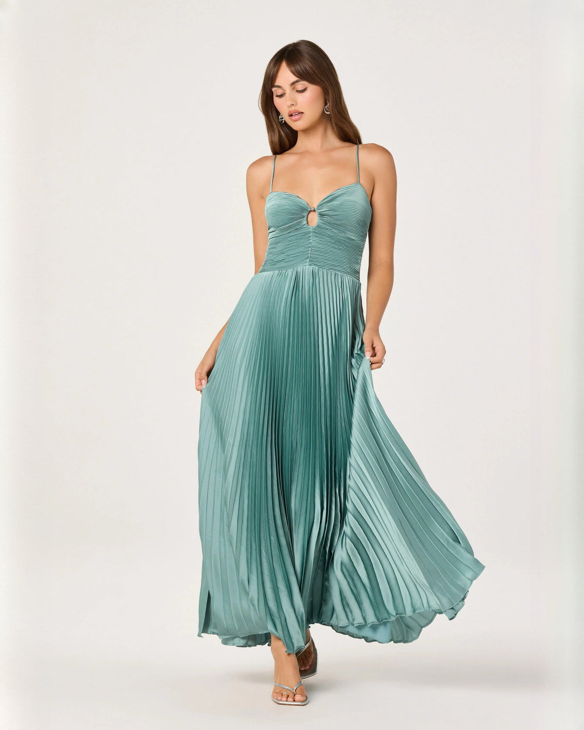 Seafoam green pleated chiffon A-line maxi dress with flowing skirt and thin straps