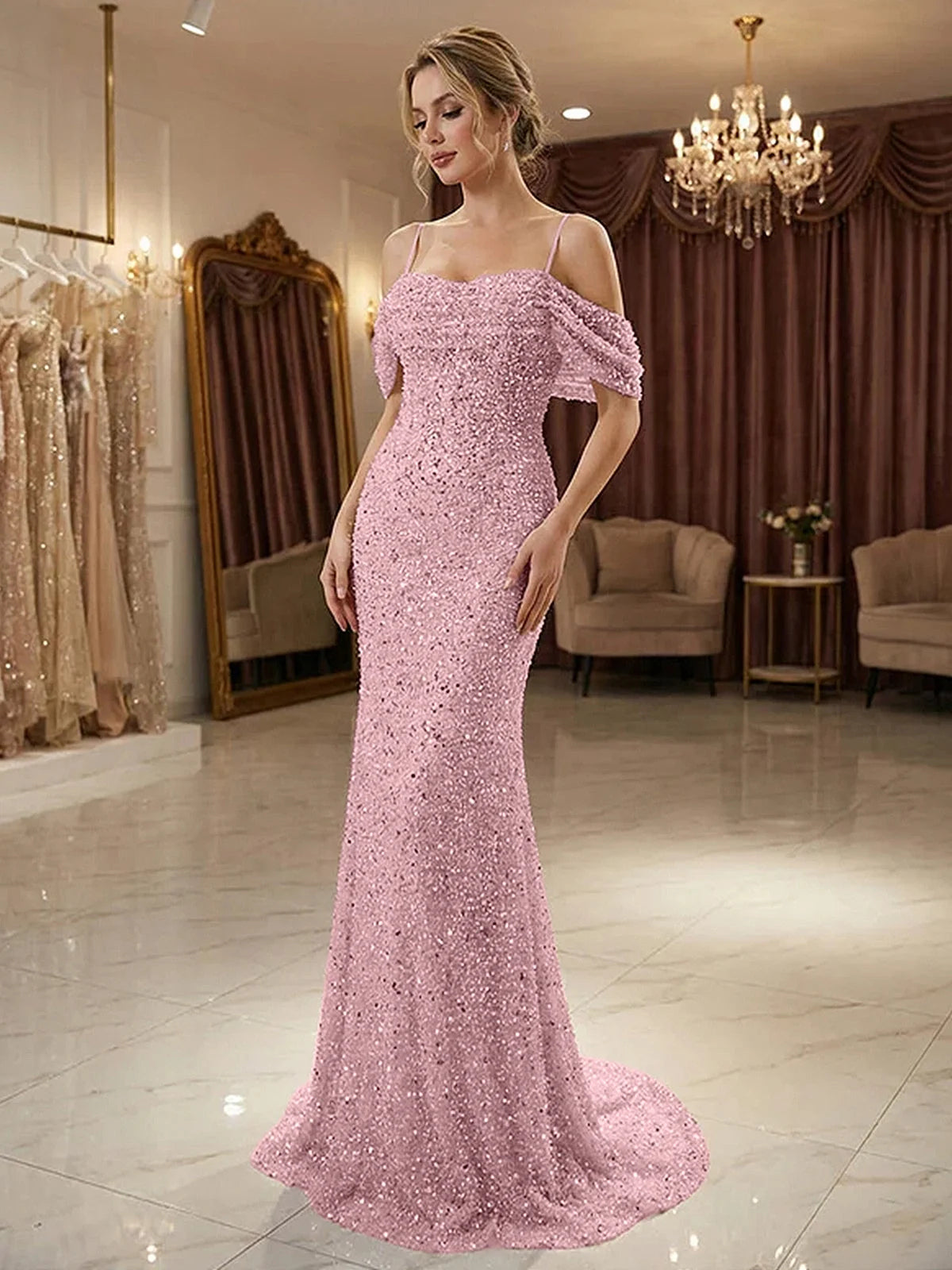 Dusty pink sequin mermaid prom dress with off-shoulder ruffle sleeves, three-quarter view