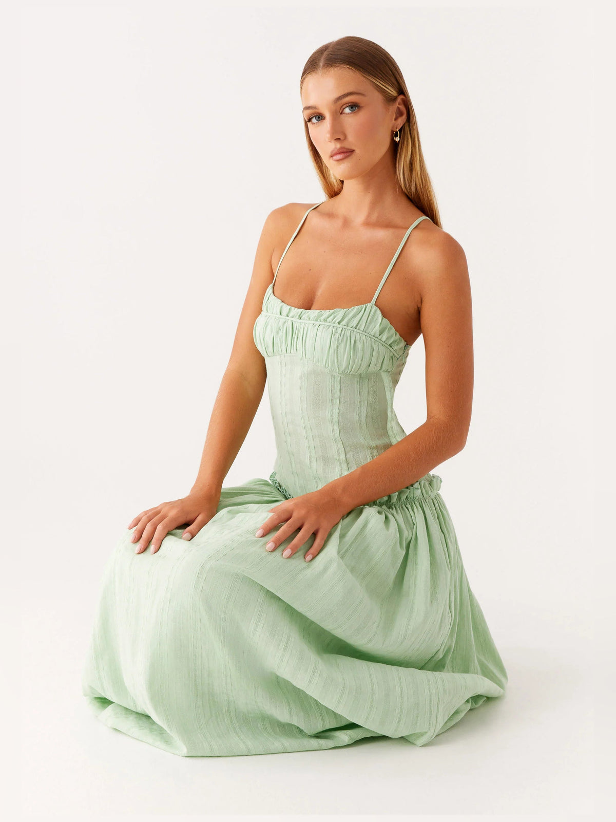 Sage a-line maxi formal dress with square neckline, alternate full-length view showing the hem