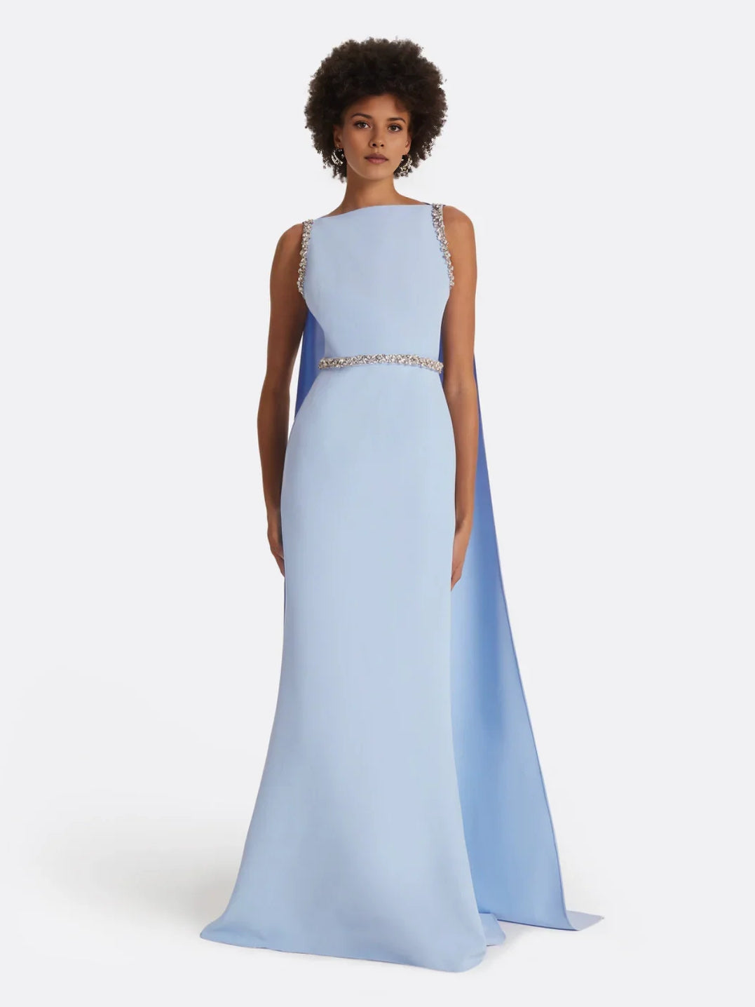 Light blue mermaid formal dress, sleeveless fitted bodice with beaded waist, floor length