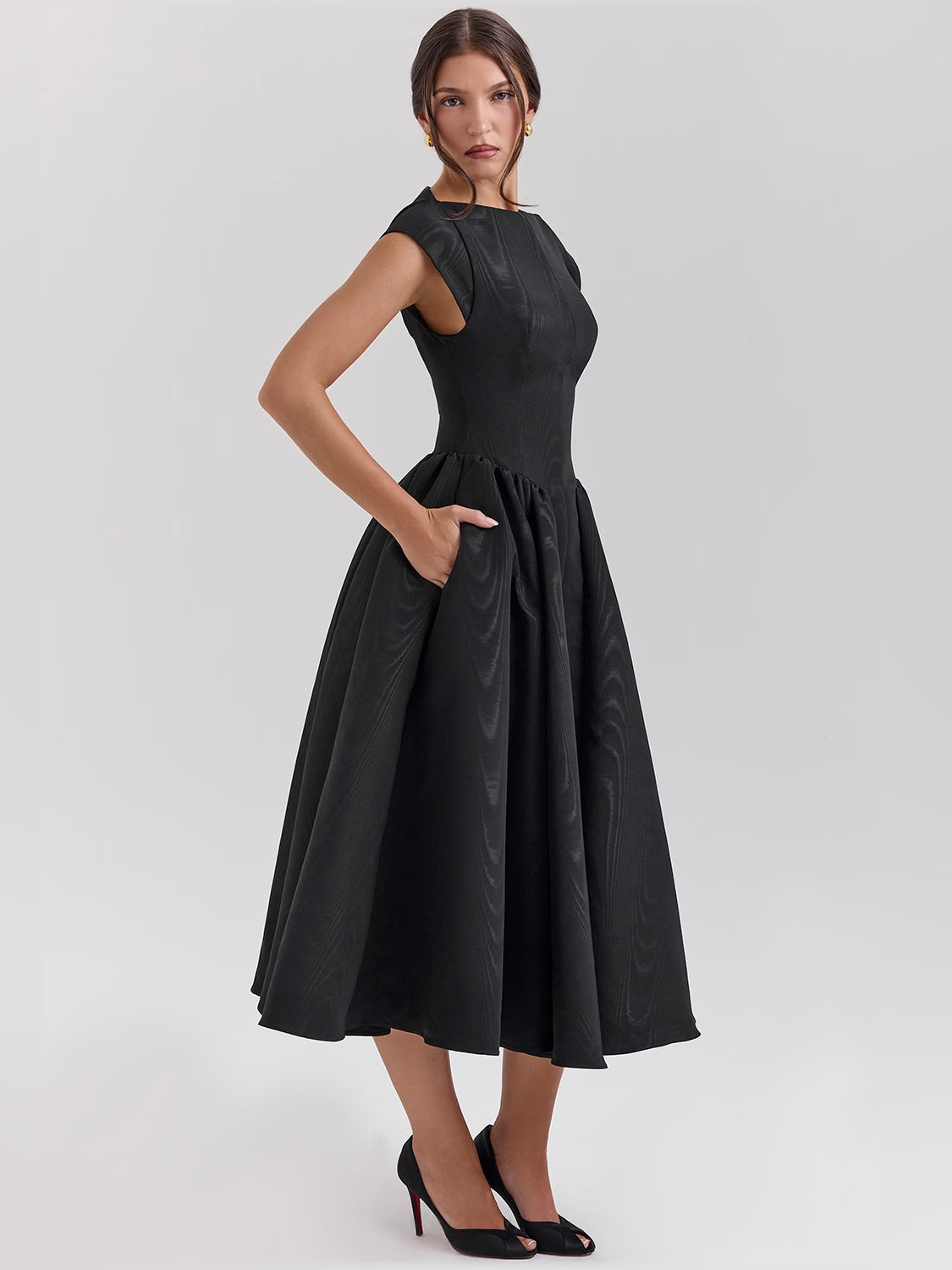 Black midi formal dress, alternate view showing the hem