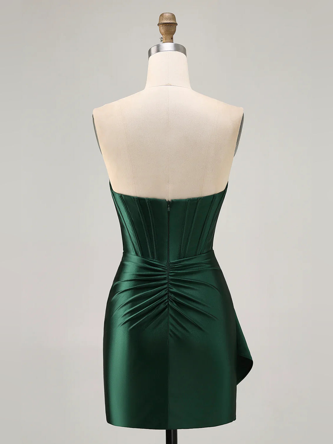 Dark green satin strapless corset bodycon short dress with ruched front