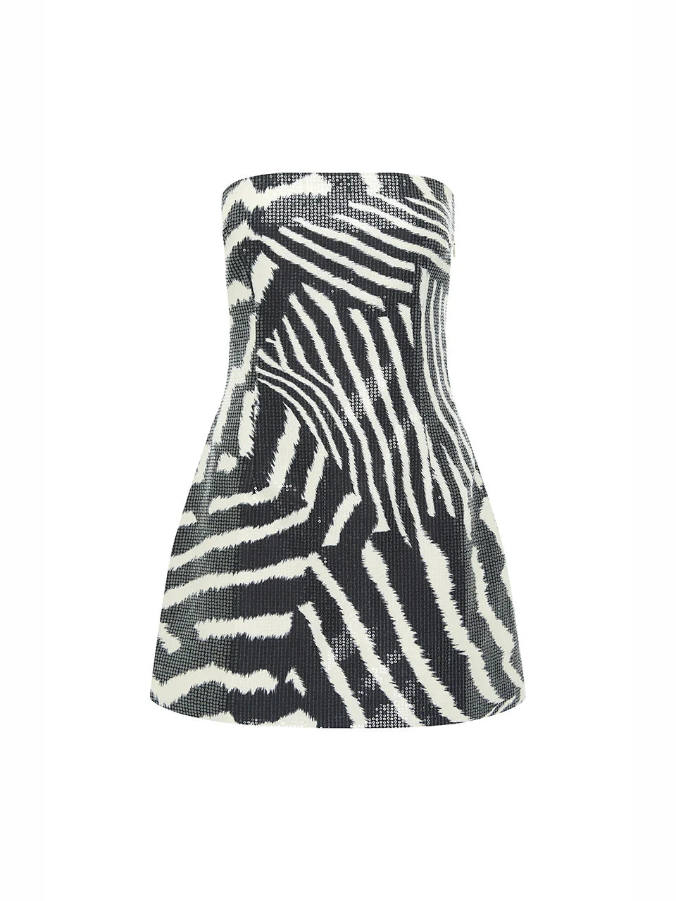 Black and white zebra sequin strapless mini dress, fitted front with straight hem.