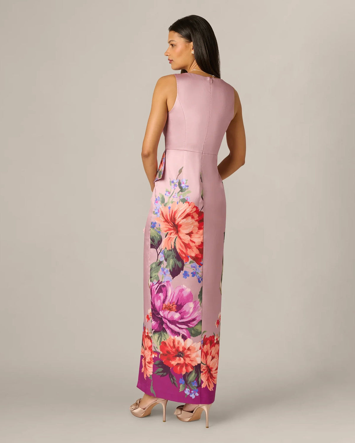 Mauve solid back maxi sheath with floral print panel and slim shoulder straps