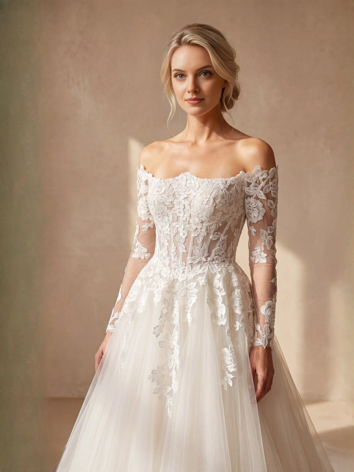 Ivory off-shoulder lace A-line tulle wedding dress with corset bodice floral detail